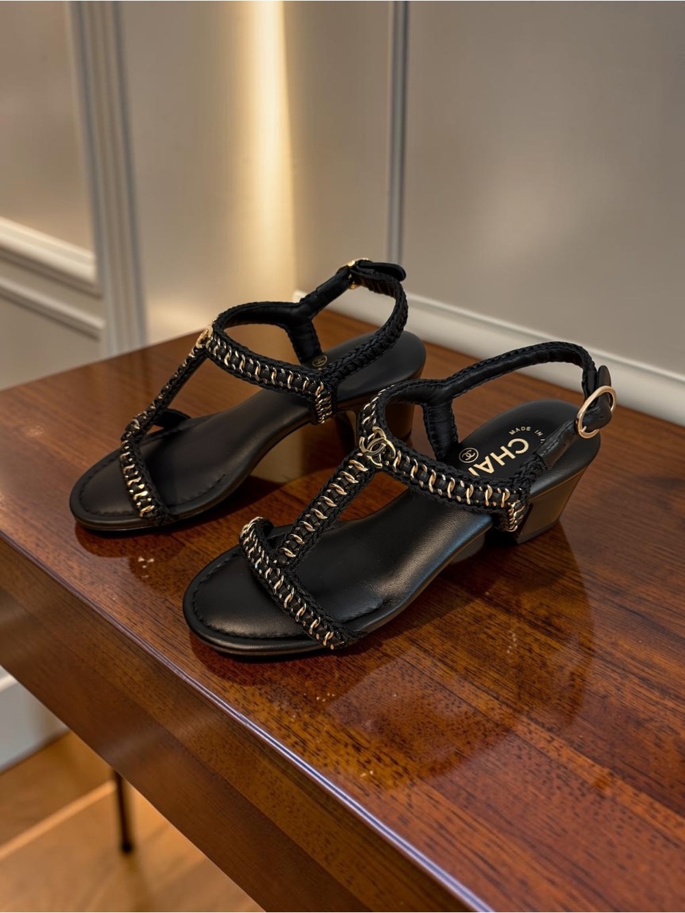 CHANEL 22P Black Lambskin Gold Chain CC T-Strap Sandals Heels Size 37